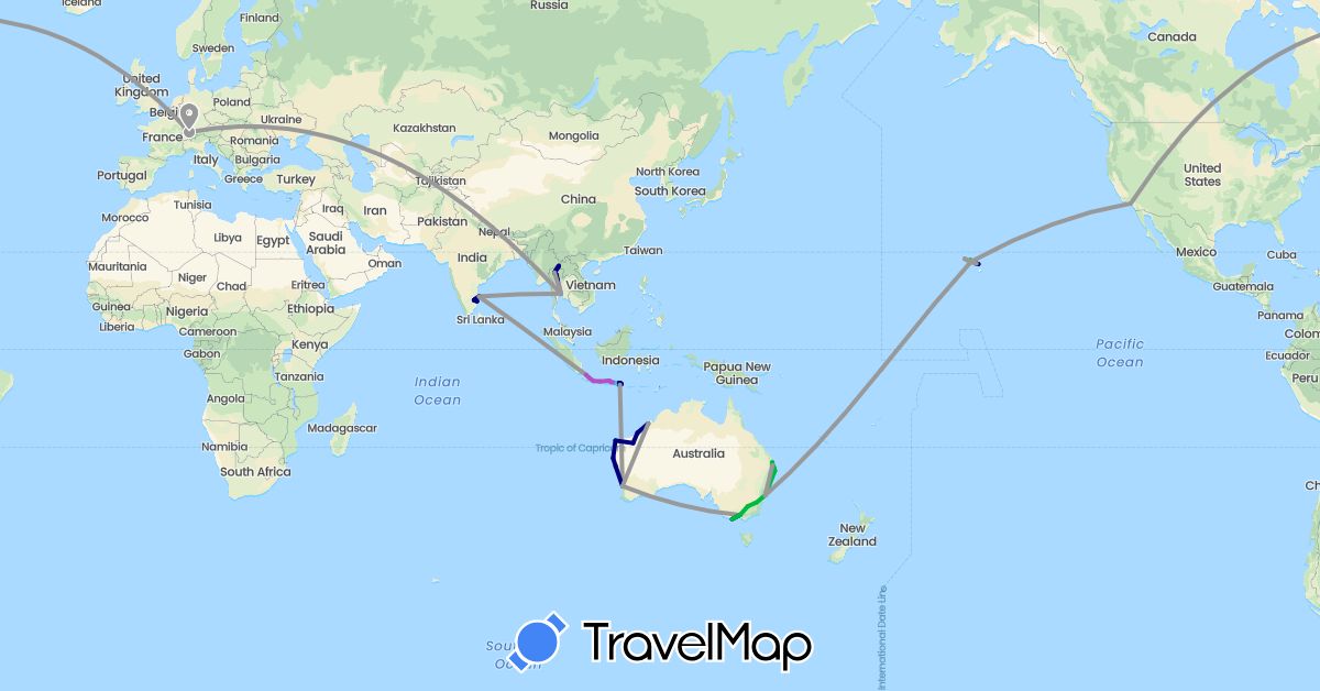 TravelMap itinerary: driving, bus, plane, train, boat in Australia, Switzerland, Indonesia, India, Thailand, United States (Asia, Europe, North America, Oceania)